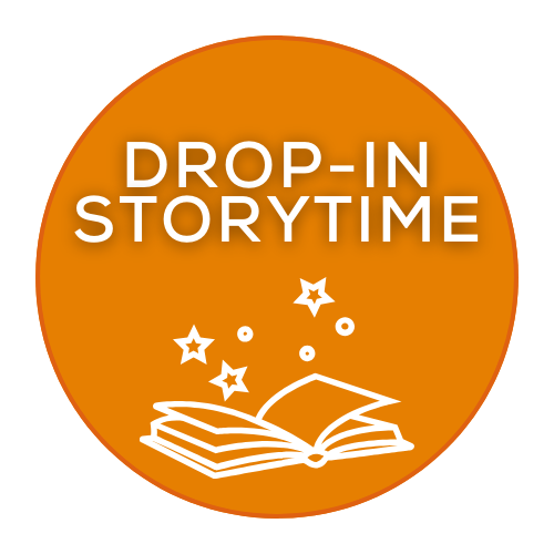 Drop-In Storytime Logo - orange circle with book and stars