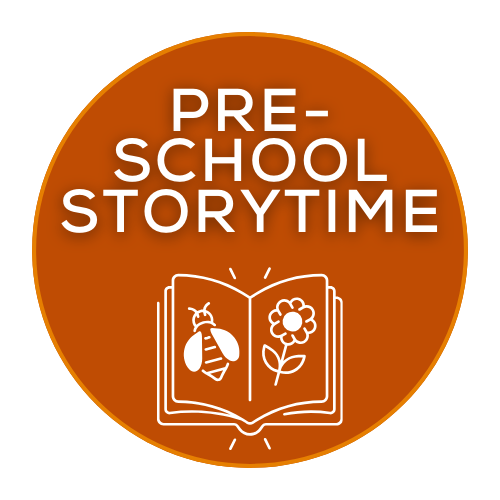 Preschool Storytime Logo - Dark orange circle with open book, bee, and flower