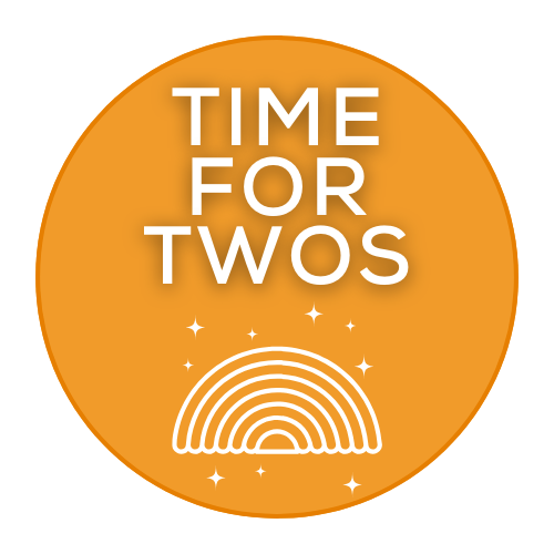Time for Twos Logo - Bright orange circle with rainbow and sparkles