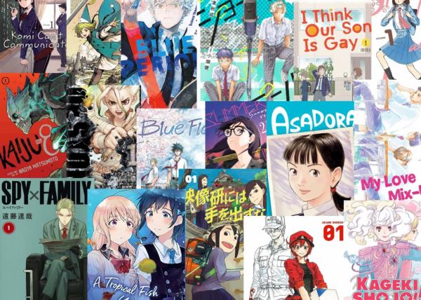 collage of various different manga covers including Spy x Family, Asadora, Blue Flag, and many more
